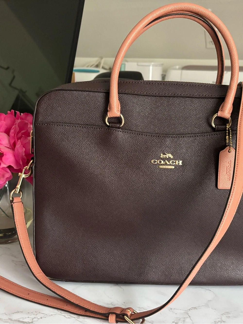 Coach Two-Tone Leather Laptop Bag in Brown and Pink